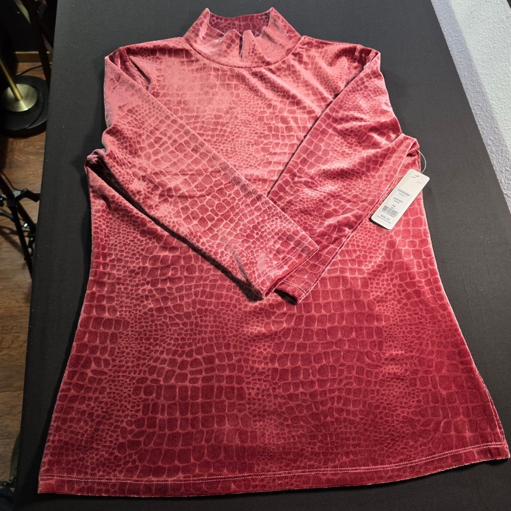 Andrea Jovine Womens Maroon Crocodile Embossed Velvet Mock Neck Top ND20191 M